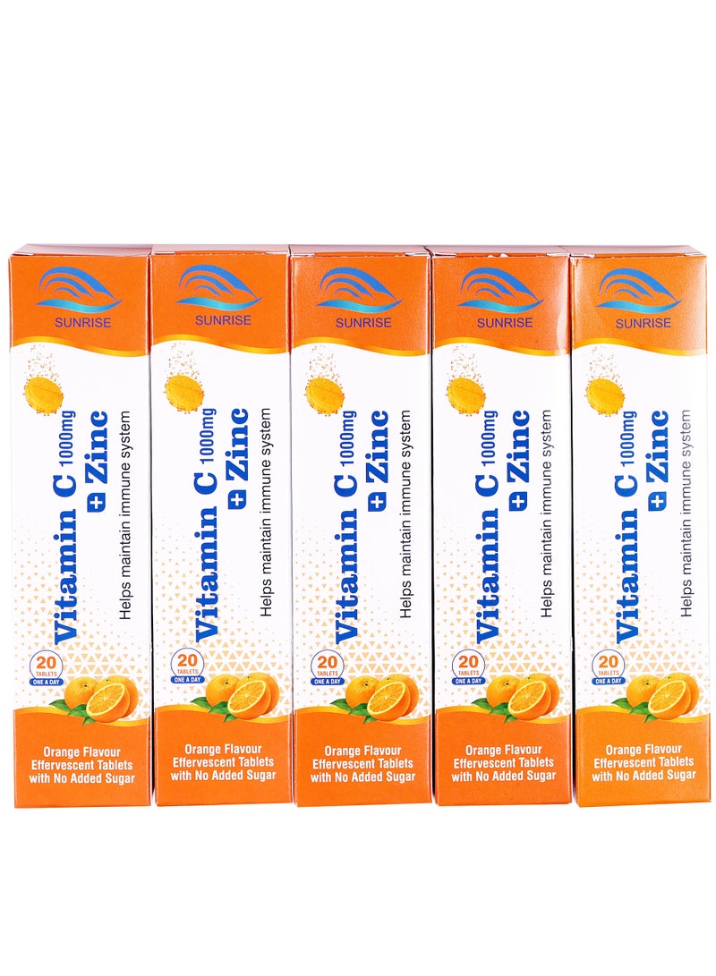 صن رايز فيتامين سي 1000 مجم مع الزنك 10 مجم 20 قرص فوارة 5 علب عبوة كومبو - Image 1