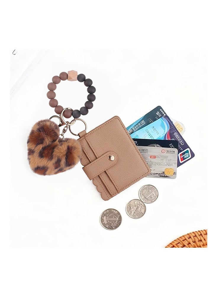 SENDEFN Boho Beaded Wallet Keychain for Women- Y2K Furry Heart Keychain, Wallet,Purse,Card Holder,Gifts for Women （Leopard Print-Khaki） - Image 3
