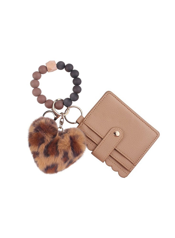 SENDEFN Boho Beaded Wallet Keychain for Women- Y2K Furry Heart Keychain, Wallet,Purse,Card Holder,Gifts for Women （Leopard Print-Khaki） - Image 1