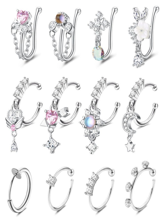Florideco Nose Cuff Fake Nose Ring Hoop Clip on Nose Ring CZ Dangle Fake Nose Ring Cartilage Tragus Ring Nose Cuff Non Piercing for Women Men, Metal, cubic-zirconia - Image 1