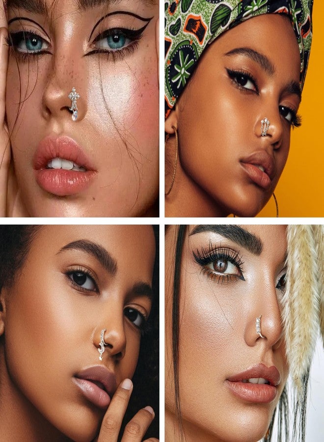 Florideco Nose Cuff Fake Nose Ring Hoop Clip on Nose Ring CZ Dangle Fake Nose Ring Cartilage Tragus Ring Nose Cuff Non Piercing for Women Men, Metal, cubic-zirconia - Image 4
