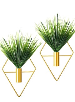 Generic 2 Pieces Diamond Shape Hanging Planters with Artificial Aquatic Plants Metal Vase Indoor Holder Modern Geometric Wall Decor for Home Living Room Office (Gold, Plant)  - Image 1