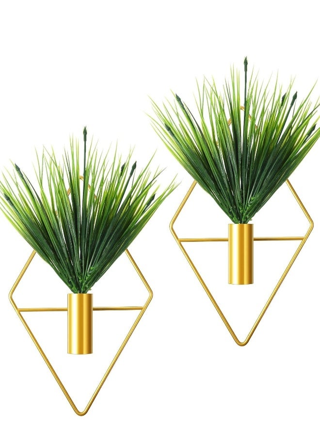 2 قطع من حوامل الزهور بشكل ماسي مع نباتات مائية صناعية ووعاء معدني لتزيين الجدران، ديكور عصري هندسي للمنزل أو المكتب (ذهبي، نبات) - Image 1