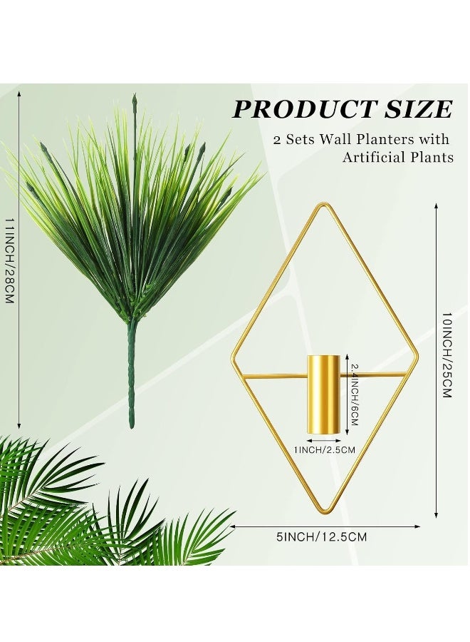 2 قطع من حوامل الزهور بشكل ماسي مع نباتات مائية صناعية ووعاء معدني لتزيين الجدران، ديكور عصري هندسي للمنزل أو المكتب (ذهبي، نبات) - Image 2