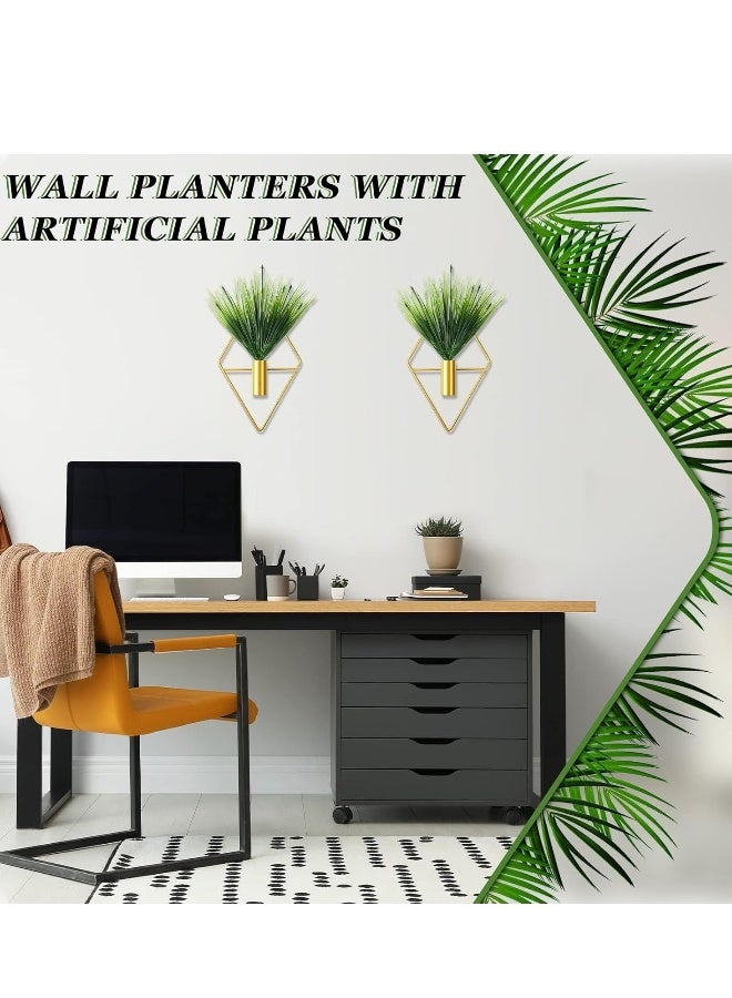 2 قطع من حوامل الزهور بشكل ماسي مع نباتات مائية صناعية ووعاء معدني لتزيين الجدران، ديكور عصري هندسي للمنزل أو المكتب (ذهبي، نبات) - Image 3