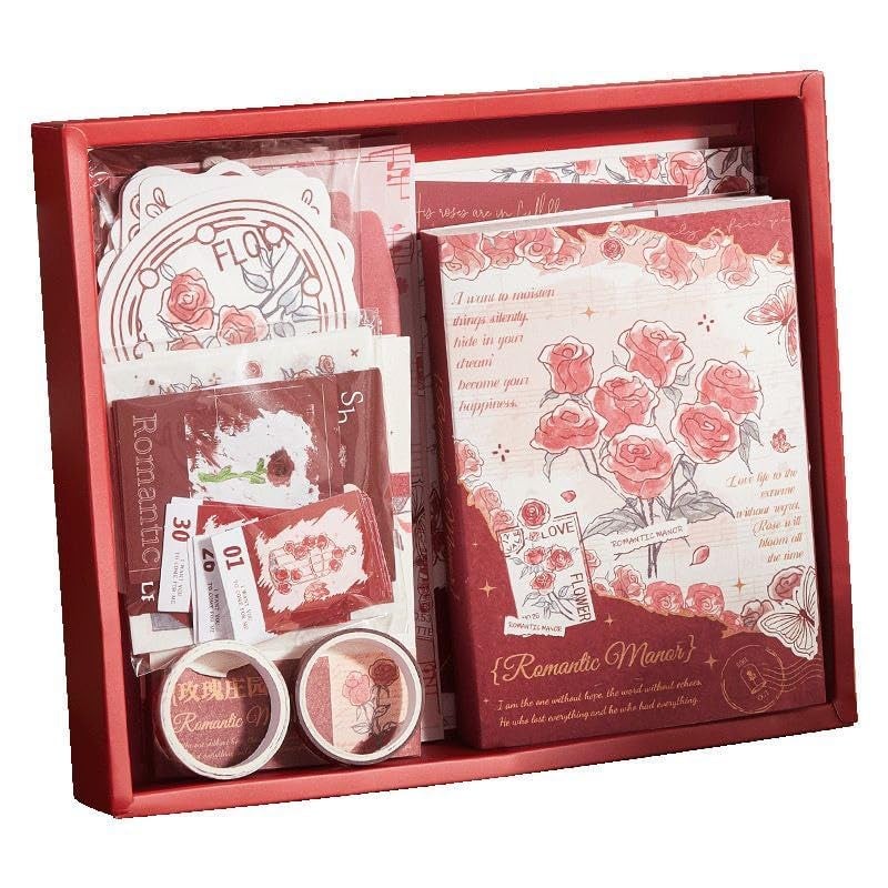 Invite Enterprise 346PCS Vintage Scrapbook Kit Aesthetic Junk Journal Set with Stickers, Washi Tape & A6 Notebook with Decorative Paper Stationery (Romantic Manor Love-Red) - Image 1