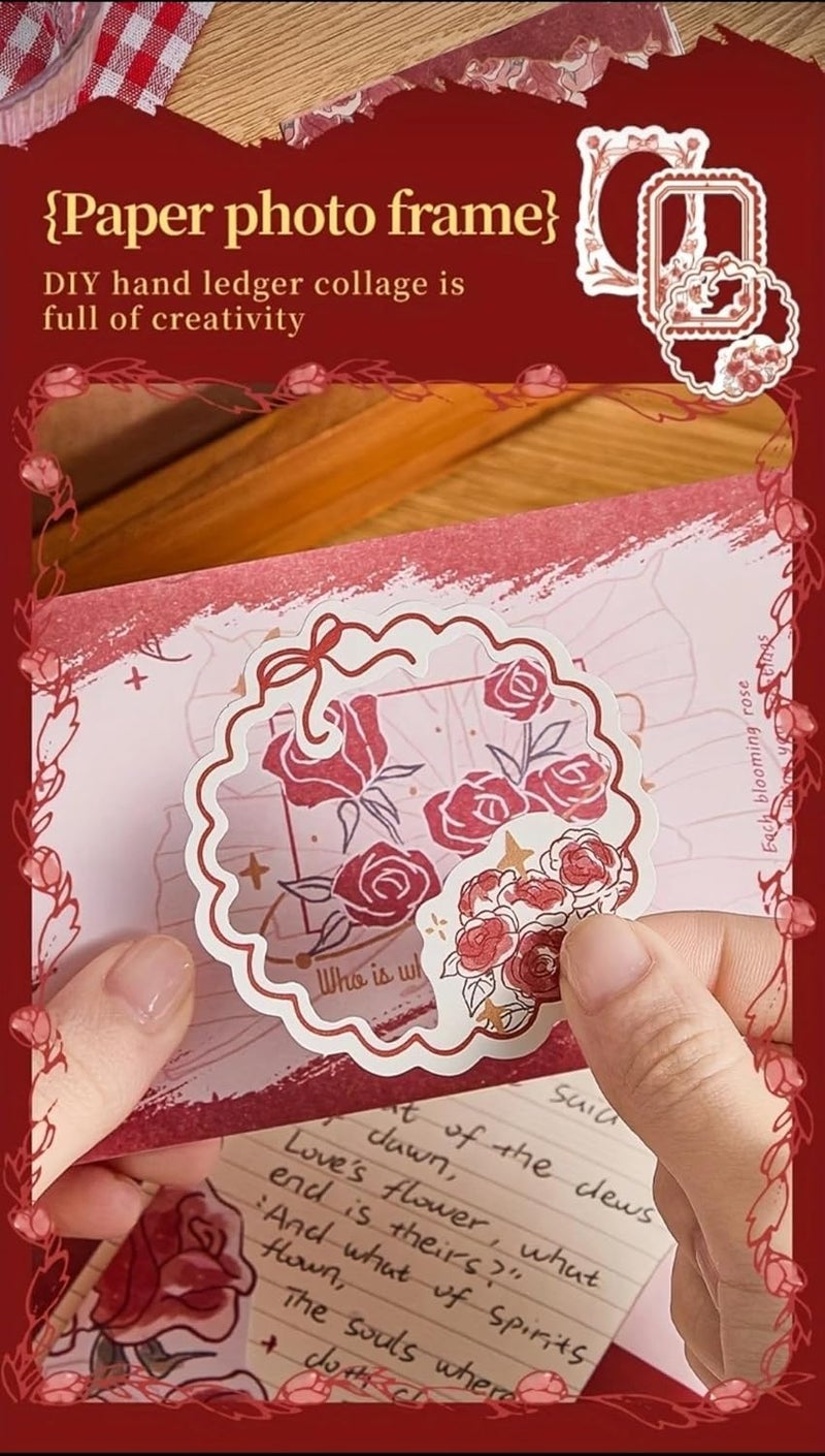 Invite Enterprise 346PCS Vintage Scrapbook Kit Aesthetic Junk Journal Set with Stickers, Washi Tape & A6 Notebook with Decorative Paper Stationery (Romantic Manor Love-Red) - Image 5