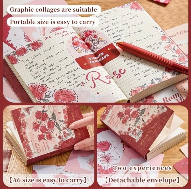 Invite Enterprise 346PCS Vintage Scrapbook Kit Aesthetic Junk Journal Set with Stickers, Washi Tape & A6 Notebook with Decorative Paper Stationery (Romantic Manor Love-Red) - Image 3