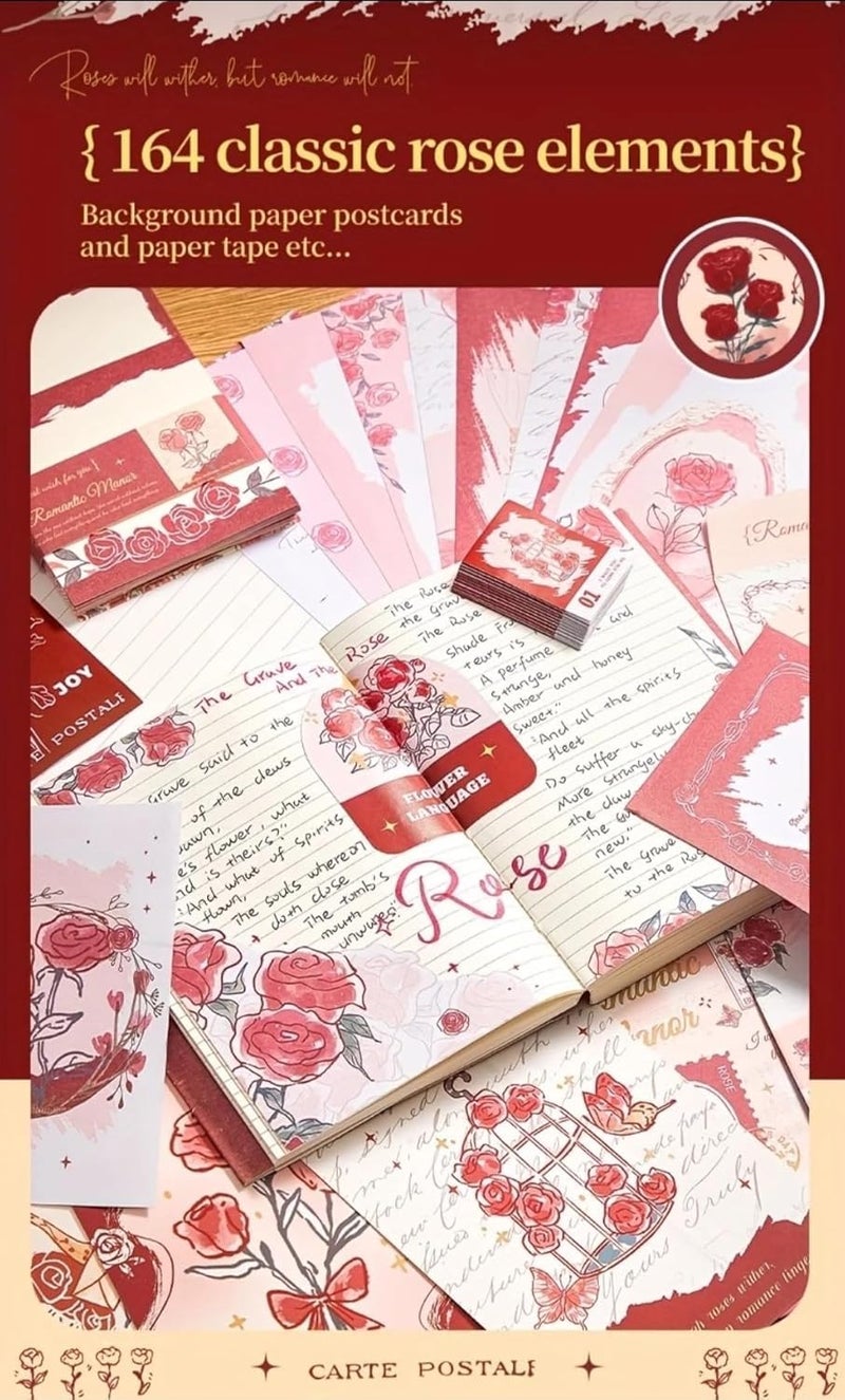 Invite Enterprise 346PCS Vintage Scrapbook Kit Aesthetic Junk Journal Set with Stickers, Washi Tape & A6 Notebook with Decorative Paper Stationery (Romantic Manor Love-Red) - Image 4