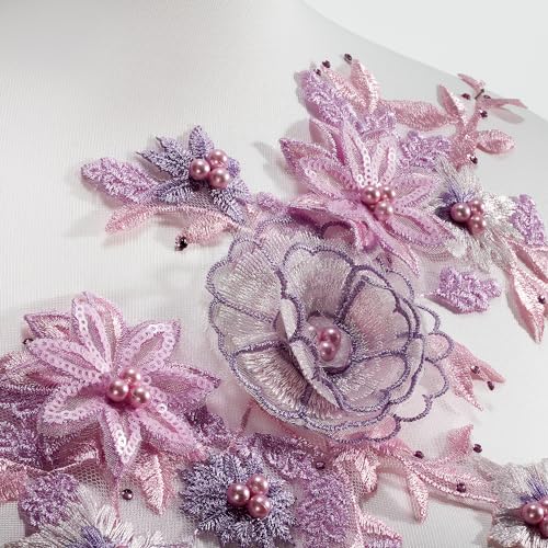 Silvora 3D Embroidered Flower Fabric Beaded Pearl Lace Applique, Handmade Sewing Tool for DIY Wedding Bridal Dress Floral Costume Patch Decor(Purple) - Image 2