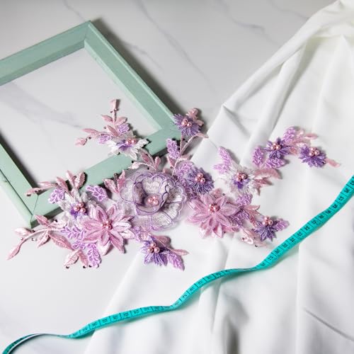 Silvora 3D Embroidered Flower Fabric Beaded Pearl Lace Applique, Handmade Sewing Tool for DIY Wedding Bridal Dress Floral Costume Patch Decor(Purple) - Image 5