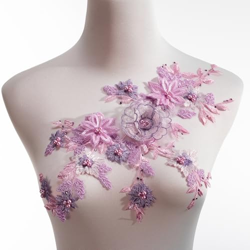 Silvora 3D Embroidered Flower Fabric Beaded Pearl Lace Applique, Handmade Sewing Tool for DIY Wedding Bridal Dress Floral Costume Patch Decor(Purple) - Image 1