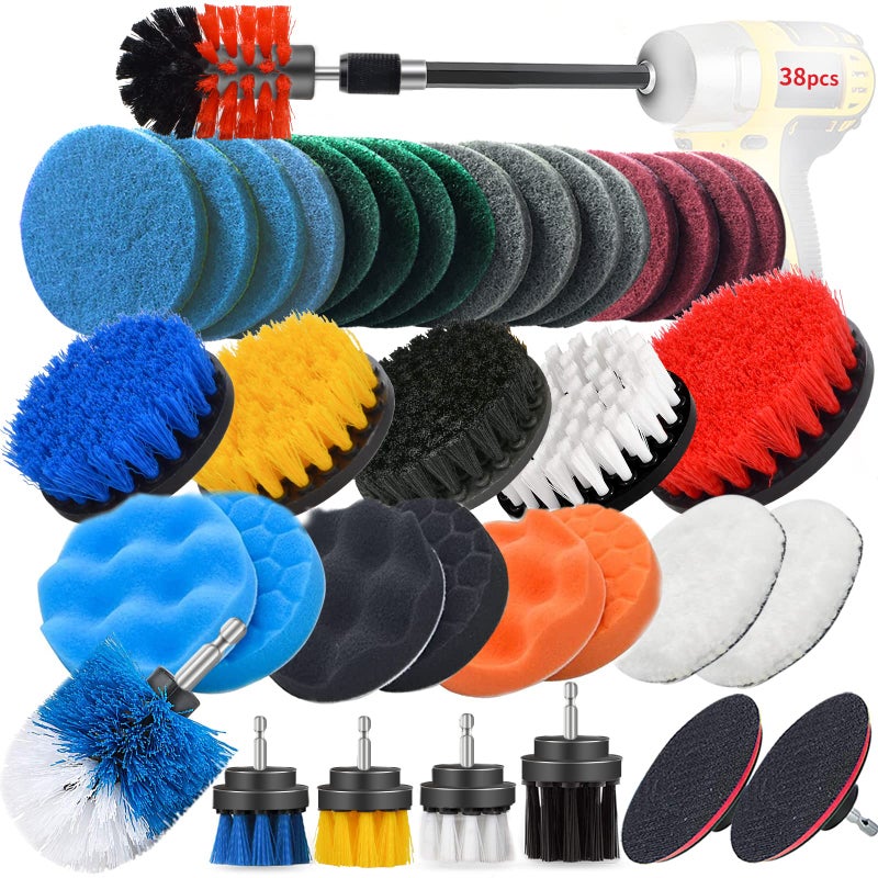 JUSONEY Drill Brush Scrub Pads 38 Piece Power Scrubber Cleaning Kit All Purpose Cleaner Scrubbing Cordless Drill for Cleaning Pool Tile Sinks Bathtub Brick Ceramic Marble Auto Boat