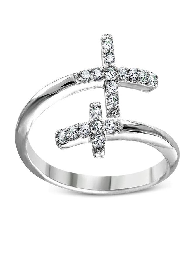 Savlano 18K White Gold Plated Round Cut Cubic Zirconia Double Sideways Cross Band Ring Women Religious Ring (8) - Image 1