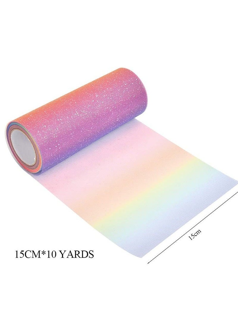 Captaintech 3 Pcs Rainbow Glitter Tulle Ribbon Rolls, Shaft Gradient Mesh Rolls Photo Background for Desk Chair Belt Butterfly Holiday Gift Ribbon Hair Accessories for Kids, 6" X 30 Yards (rainbow, Pink, Blue) - Image 2