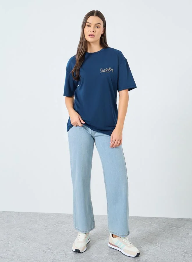 Styli Styli Navy Blue Slogan Detail Oversized T-Shirt