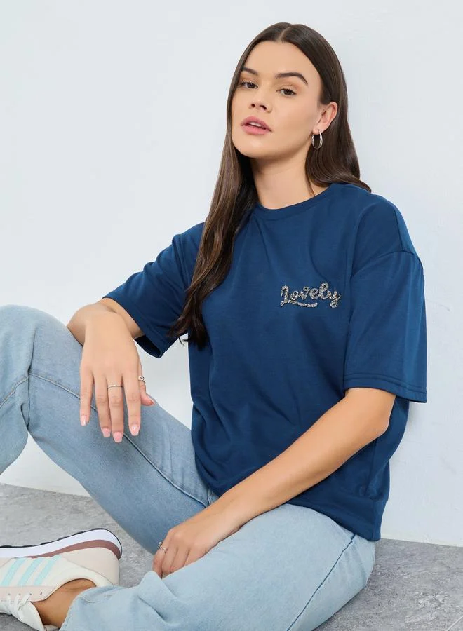 Styli Styli Navy Blue Slogan Detail Oversized T-Shirt