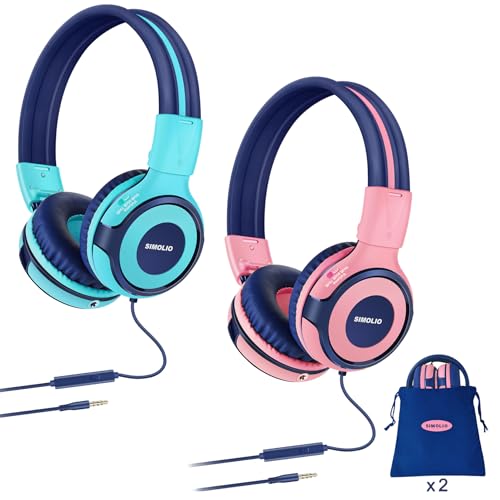 SIMOLIO 2 Pack Headphones for Kids with Mic, 75dB/85dB/94dB Safe Volume Limit, Wired School Headphones for Girls Boys Children Tablet Laptop Travel with Audio Share Function (Mint,Pink) - Image 1