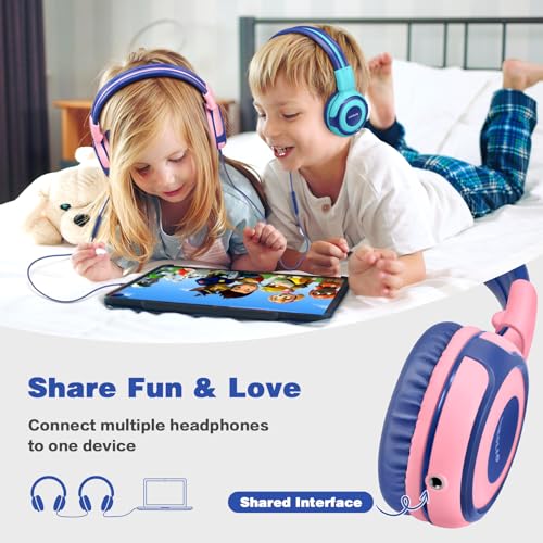 SIMOLIO 2 Pack Headphones for Kids with Mic, 75dB/85dB/94dB Safe Volume Limit, Wired School Headphones for Girls Boys Children Tablet Laptop Travel with Audio Share Function (Mint,Pink) - Image 4