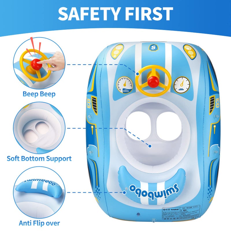 Swimbobo Toddler Pool Float Inflatable Car Baby Swim Float with Adjustable Sun Canopy and Safety Seat Pool Toys for Kids 3+ Years Old (Blue Sports Car) - Image 3