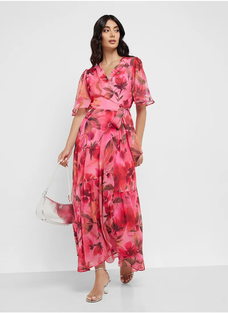 Hope & Ivy Flutter Sleeve Maxi Wrap Dress With Tie Waist