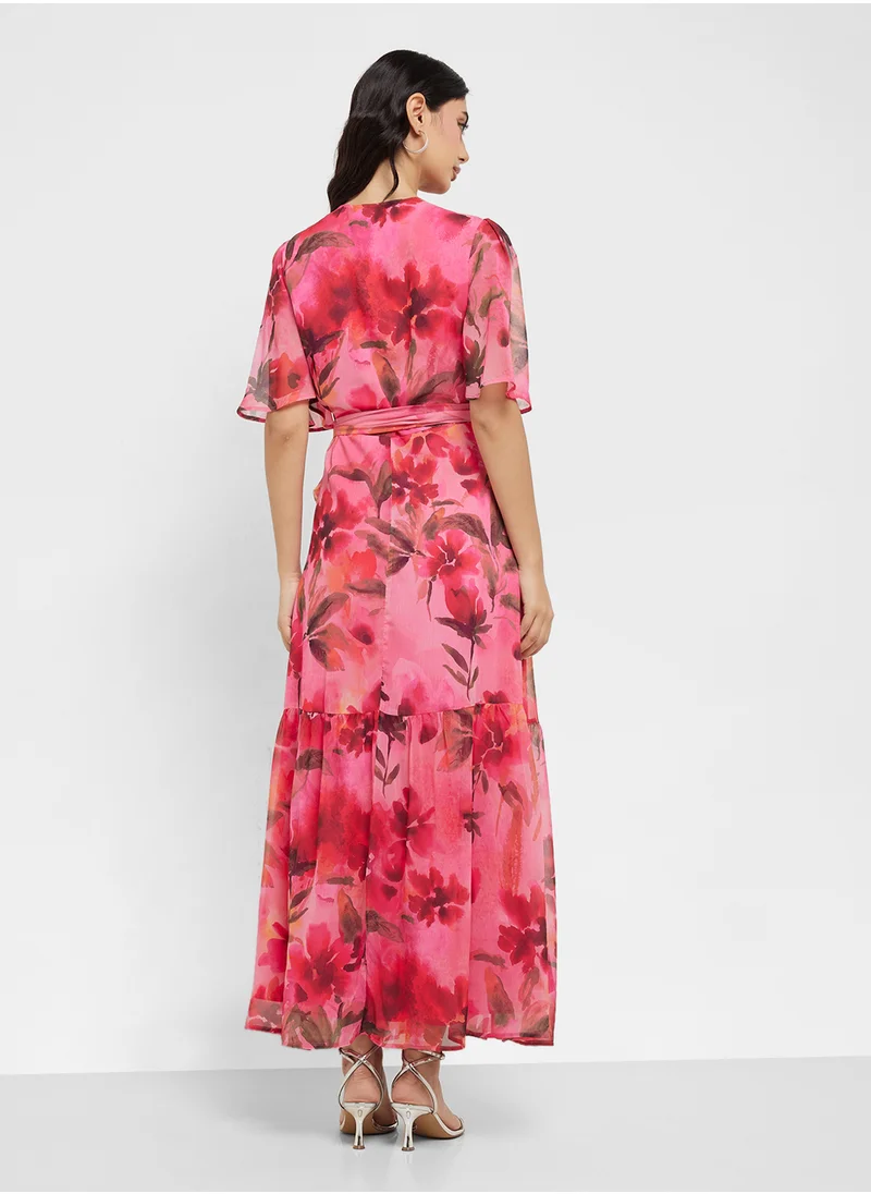 Hope & Ivy Flutter Sleeve Maxi Wrap Dress With Tie Waist