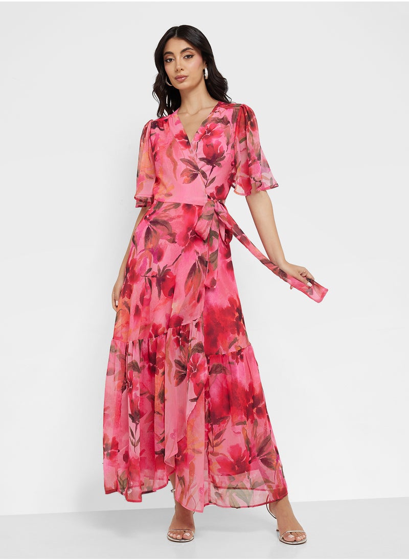 Hope & Ivy - Flutter Sleeve Maxi Wrap Dress With Tie Waist - Image 1