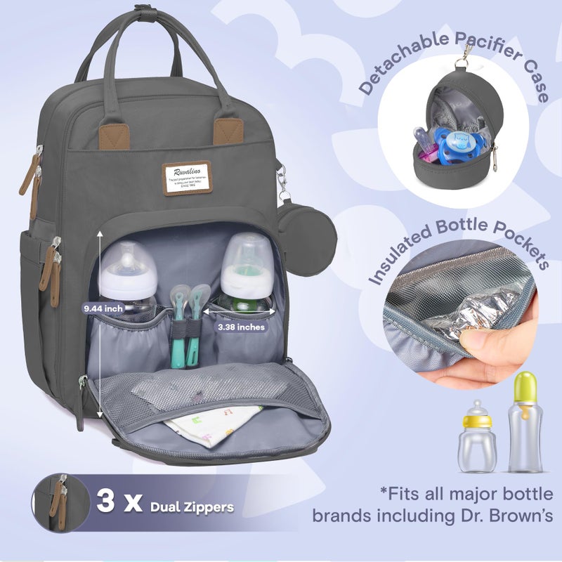 RUVALINO Diaper Bag Backpack, Multifunction Travel Pack Maternity Baby Changing Bags, Large Capacity, Waterproof, Iron Gray - Image 3