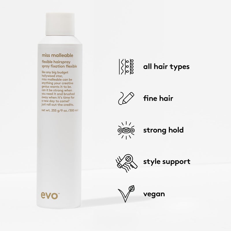 EVO Miss Malleable Flexible Hairspray - Hair Volume Spray - Strong Hold Hairspray With Full Support & Control - 300ml / 9oz - Image 3