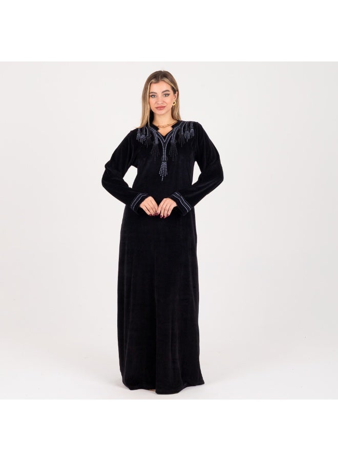Black Winter Velour Galabeya/Abaya - Luxury Embroidery and Maximum Warmth