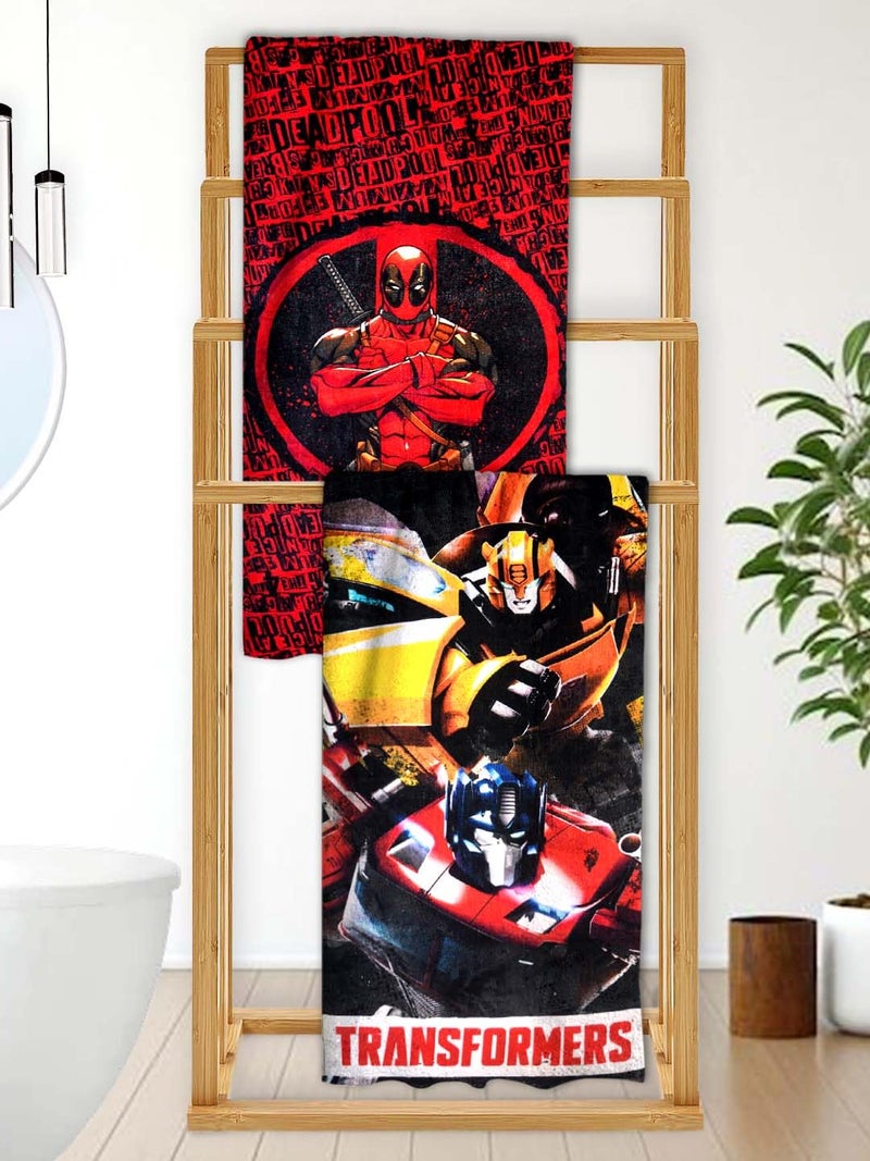 Athom Living Deadpool with Transformer Mixed Themed Kids Bath Towel 60x120cm, 350 GSM, Soft & Absorbent, Multicolor, Perfect for Boys and Girls, Fun & Vibrant Design, Pack of 2 - Image 1