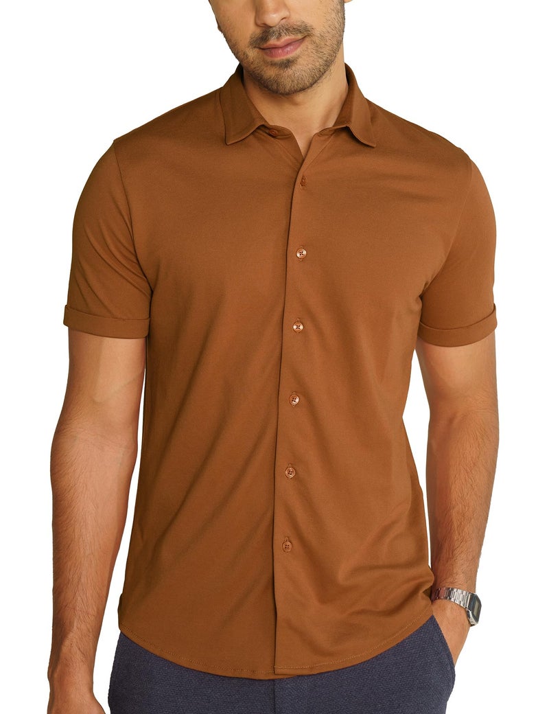 DAMENSCH Constant Cotton Thermoregulating Pique Half Shirts-Pack of 1-Caramel Cafe-Large - Image 1