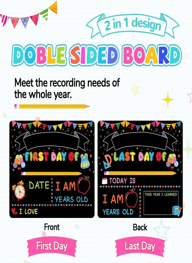 VEKDA First Day of School Sign Reusable and Erasable Back to School Board for Kids First and Last Day 10 x 12in Double Sided Wooden Chalkboard Photo Prop - Image 3