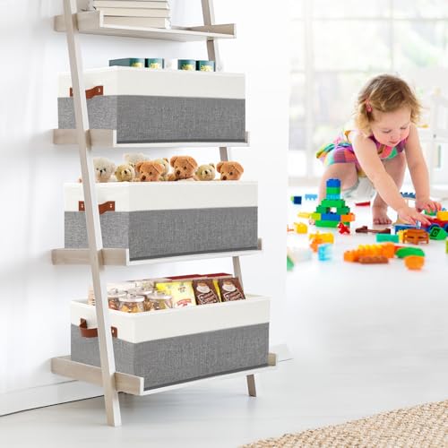 Gowee 3 Pack Large Capacity Storage Bins Closet Organizer for Shelves, Fabric Closet Storage Baskets Boxes with Leather Handles for Organizing Clothes, Sheets, Jeans, Toys, Books (Grey) - Image 2