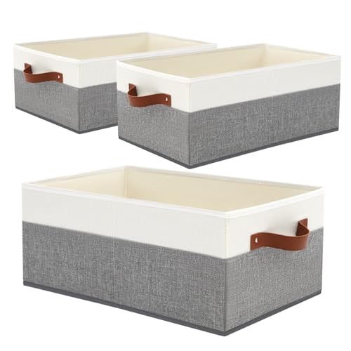 Gowee 3 Pack Large Capacity Storage Bins Closet Organizer for Shelves, Fabric Closet Storage Baskets Boxes with Leather Handles for Organizing Clothes, Sheets, Jeans, Toys, Books (Grey) - Image 1