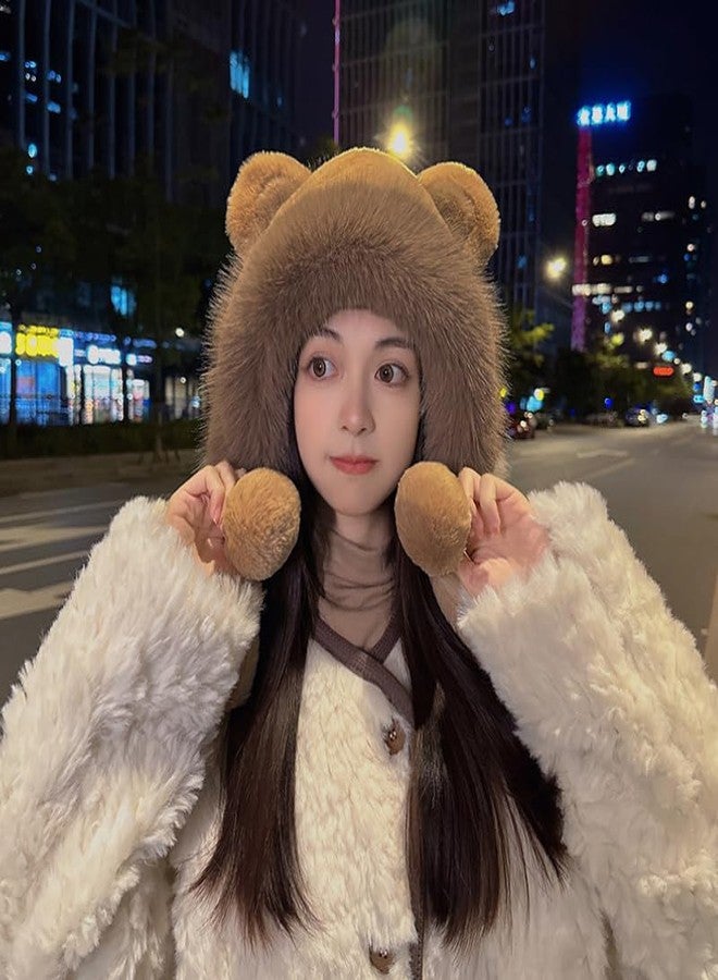 WITHMOONS Fluffy Animal Ear Beanie Fleece Lining Earflap Cap Winter Knit Hat YZ70225 (Brown) - Image 2