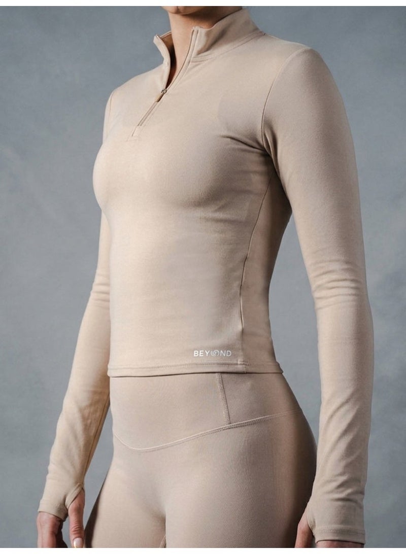 Beyond Sportswear Women's Beige 1/4 Zip Long sleeve top - Image 3