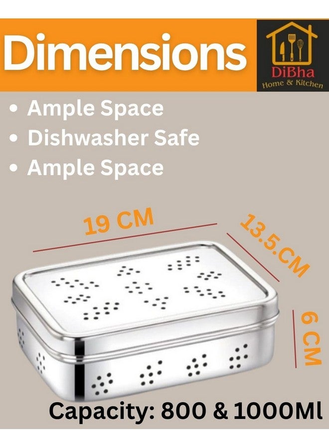 DiBha Stainless Steel Rectangle Shape Box for Kothmir/Dhaniya/Coriander Multipurpose Dabba Storage Box/Kitchen Container - Set of 1 (Capacity- 800ml), Silver - Image 2