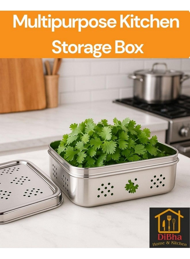 DiBha Stainless Steel Rectangle Shape Box for Kothmir/Dhaniya/Coriander Multipurpose Dabba Storage Box/Kitchen Container - Set of 1 (Capacity- 800ml), Silver - Image 4
