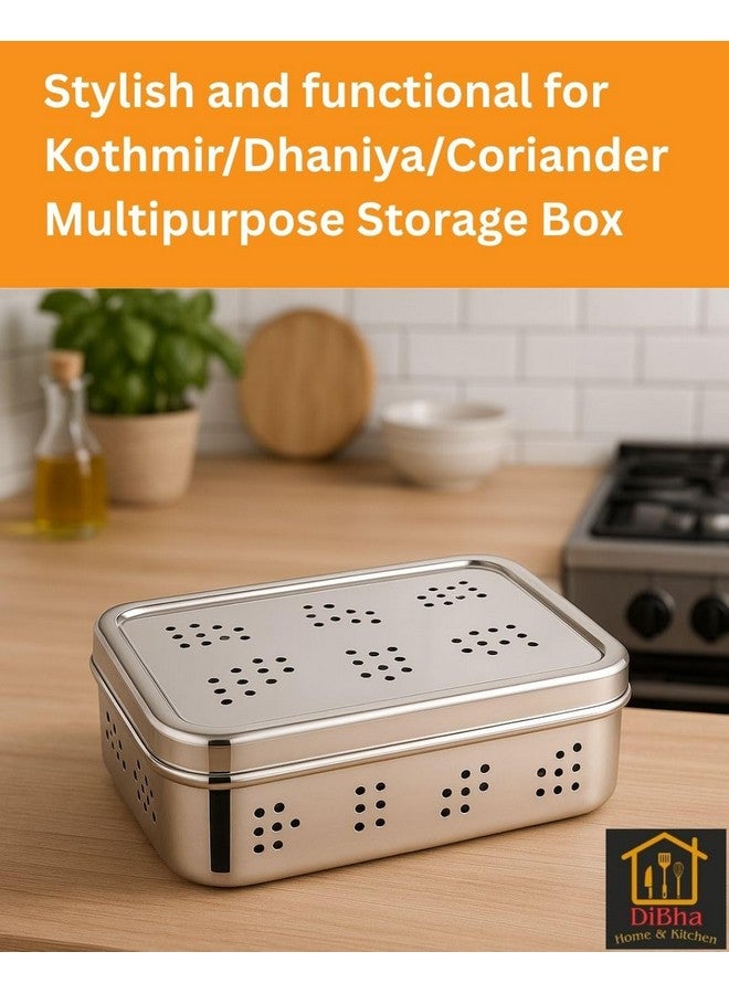 DiBha Stainless Steel Rectangle Shape Box for Kothmir/Dhaniya/Coriander Multipurpose Dabba Storage Box/Kitchen Container - Set of 1 (Capacity- 800ml), Silver - Image 3