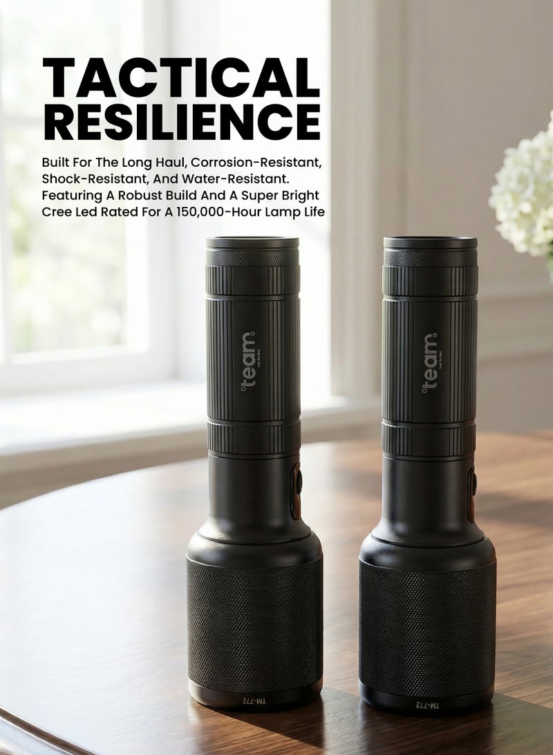 Team Zoomable LED Flashlight, 2000 Lumens, Rechargeable 5000mAh, 2×30W High Power LED, 1200m Range, Type‑C Charging, Aircraft Aluminum Body, Long‑Range Tactical Torch for Outdoor, Camping & Emergency - Image 4