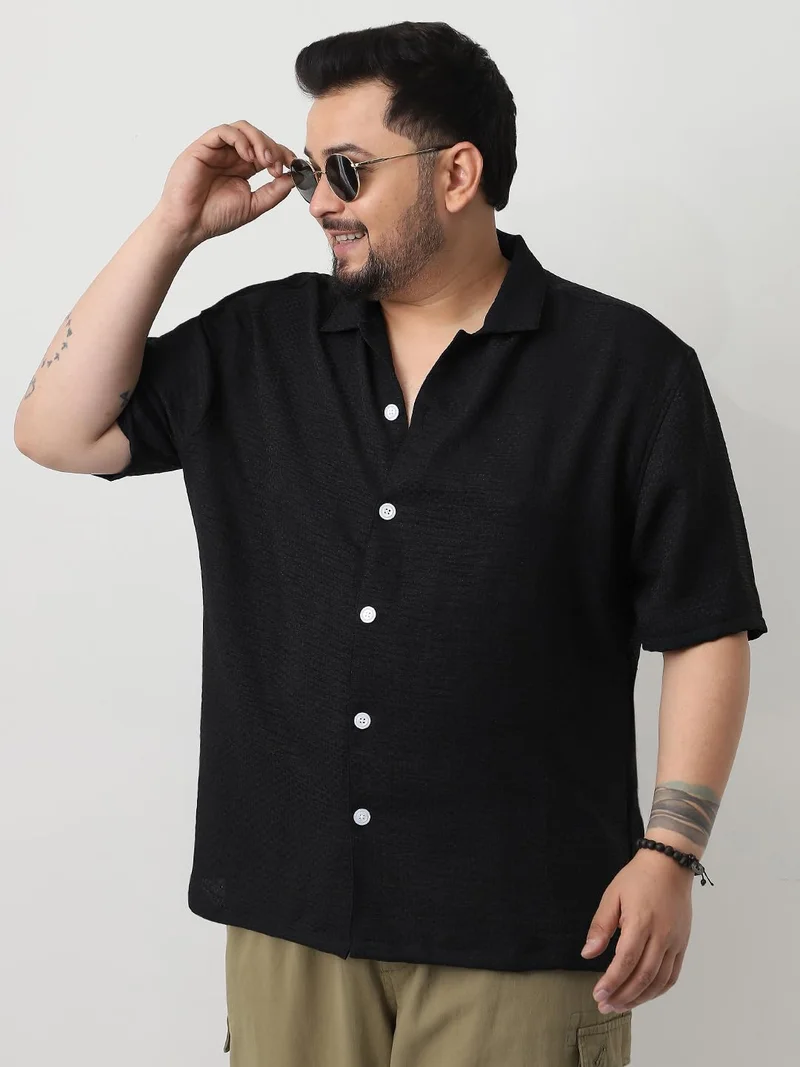 Urbano Fashion  Urbano Plus Men's Black Cotton Half Sleeve Oversized Fit Textured Shirt with Cuban Collar  | Best Price UAE