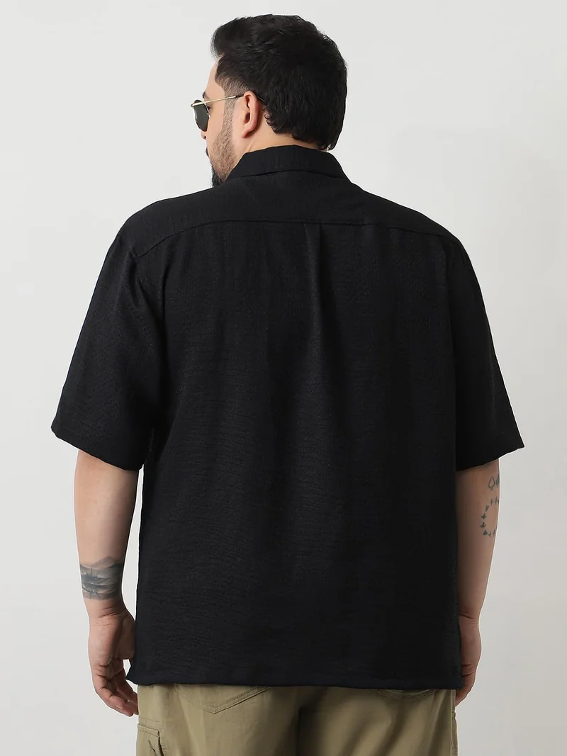 Urbano Fashion  Urbano Plus Men's Black Cotton Half Sleeve Oversized Fit Textured Shirt with Cuban Collar  | Best Price UAE