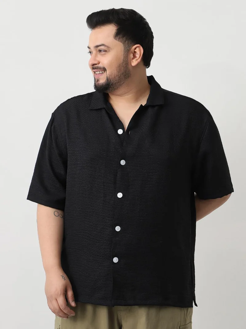 Urbano Plus Men's Black Cotton Half Sleeve Oversized Fit Textured Shirt with Cuban Collar
