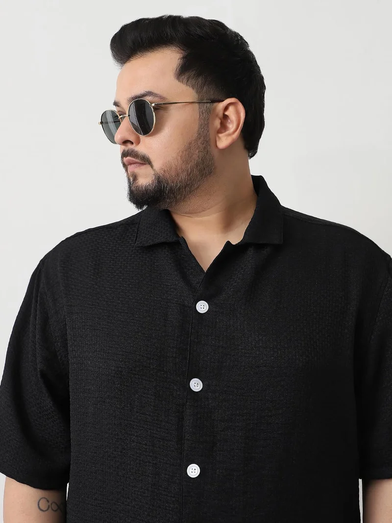 Urbano Fashion  Urbano Plus Men's Black Cotton Half Sleeve Oversized Fit Textured Shirt with Cuban Collar  | Best Price UAE