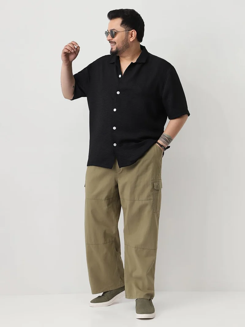 Urbano Fashion  Urbano Plus Men's Black Cotton Half Sleeve Oversized Fit Textured Shirt with Cuban Collar  | Best Price UAE
