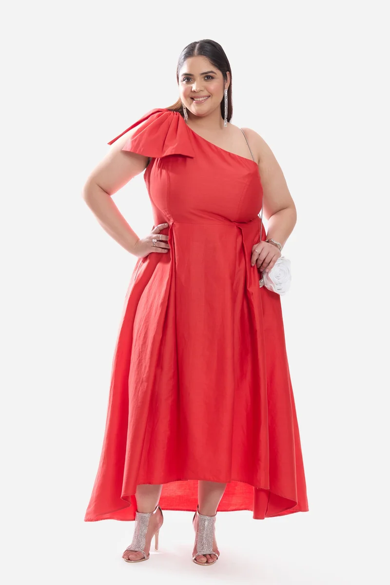 Virgio Solid Cotton One Shoulder Bow Plus Size Dress for Women