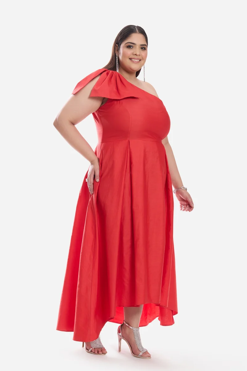 Virgio Solid Cotton One Shoulder Bow Plus Size Dress for Women