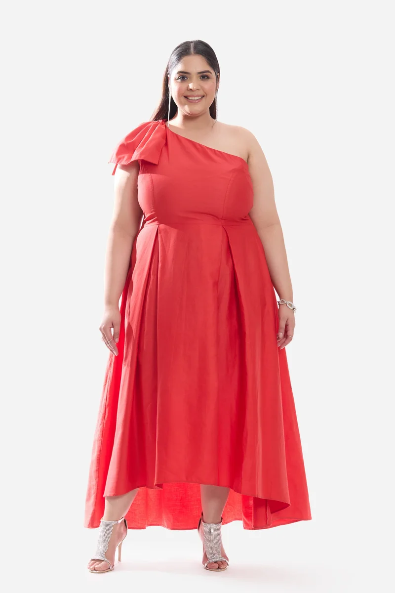 Virgio  Solid Cotton One Shoulder Bow Plus Size Dress for Women for Women | Best Price UAE