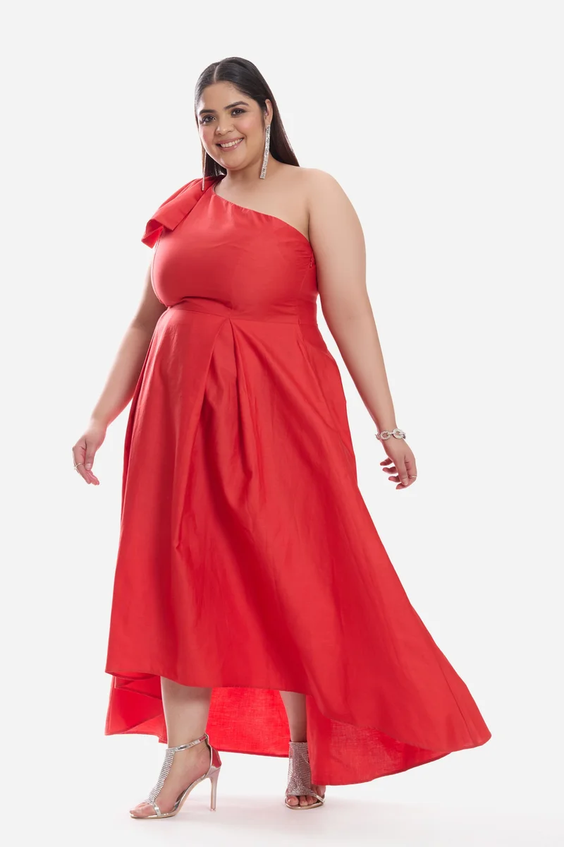 Virgio  Solid Cotton One Shoulder Bow Plus Size Dress for Women for Women | Best Price UAE